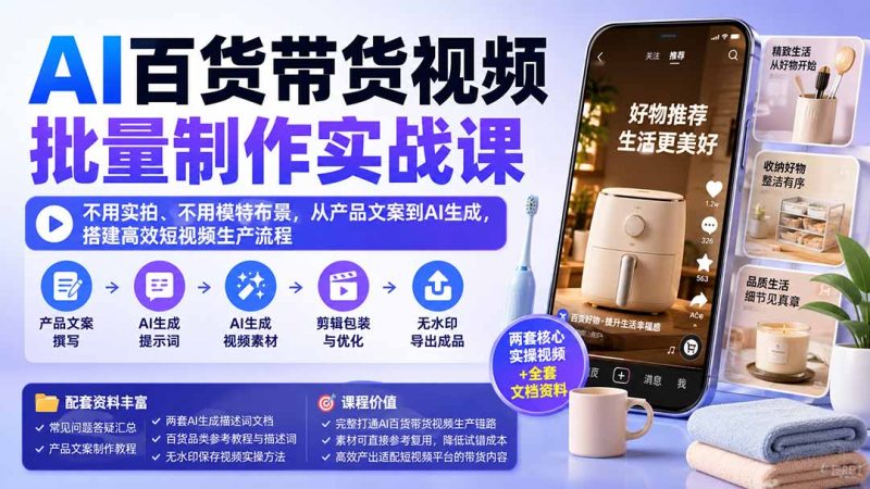 AI百货带货视频批量制作实战课：不用实拍、不用模特布景，从产品文案到AI生成，搭建高效短视频生产流程-优优云网创