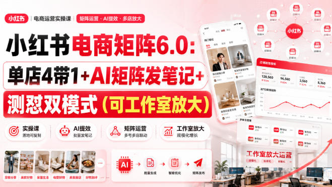 小红书电商矩阵6.0：单店4带1+AI矩阵发笔记+测怼双模式(可工作室放大)-优优云网创