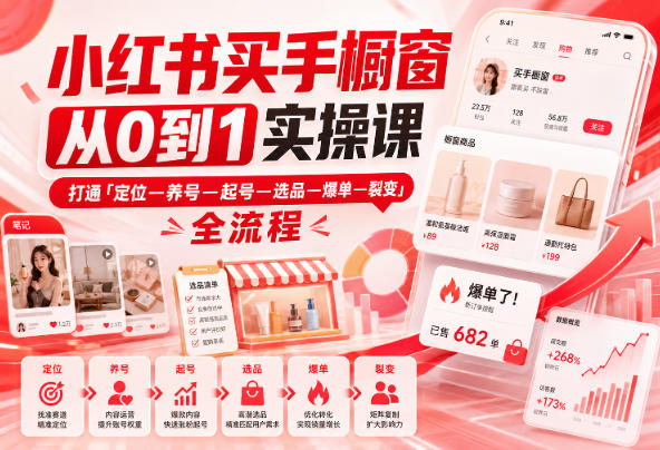 小红书买手橱窗从0到1实操课，打通「定位—养号—起号—选品—爆单—裂变」全流程-优优云网创