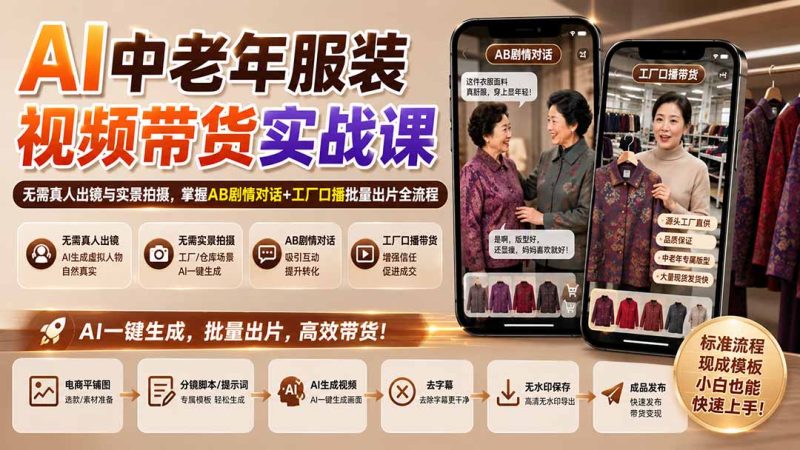 AI中老年服装视频带货实战课：无需真人出镜与实景拍摄，掌握AB剧情对话+工厂口播批量出片全流程-优优云网创