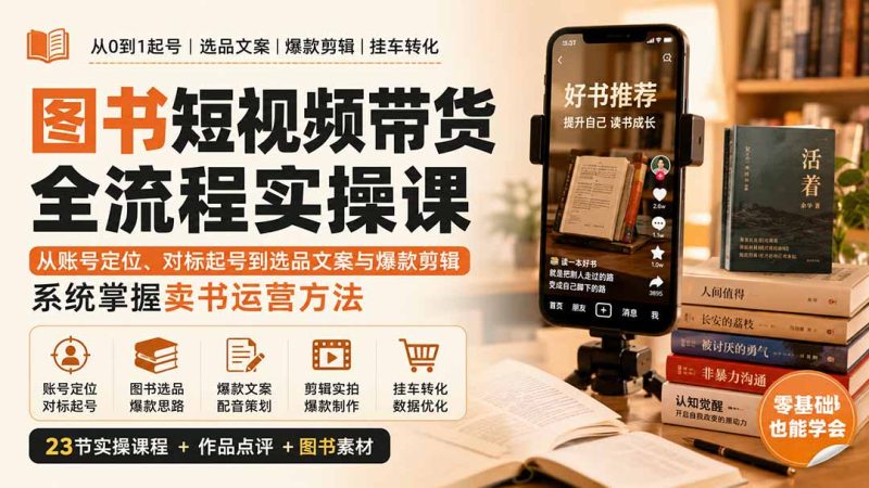 图书短视频带货全流程实操课：从账号定位、对标起号到选品文案与爆款剪辑，系统掌握卖书运营方法-优优云网创