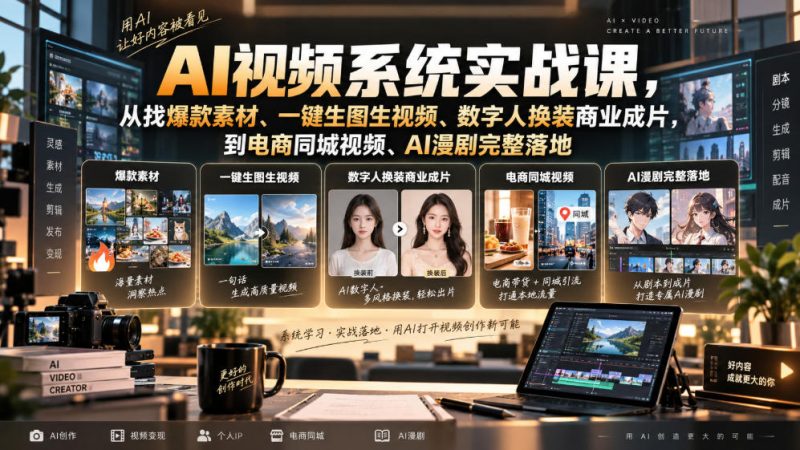 AI视频系统实战课，从找爆款素材、一键生图生视频、数字人换装商业成片，到电商同城视频、AI漫剧完整落地-优优云网创