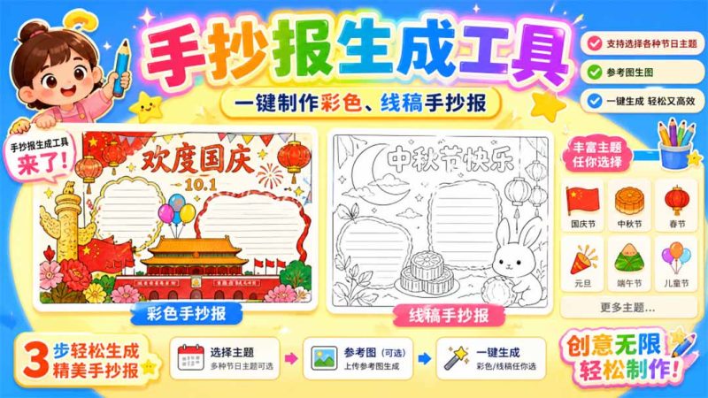 手抄报批量生成工具来了,完全免费,告别豆包生图,这个高清无水印-优优云网创