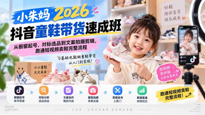 小朱妈2026抖音童鞋带货速成班：从橱窗起号、对标选品到文案拍摄剪辑，跑通短视频卖鞋完整流程-优优云网创