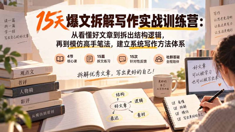 15天爆文拆解写作实战训练营：从看懂好文章到拆出结构逻辑，再到模仿高手笔法，建立系统写作方法体系-优优云网创
