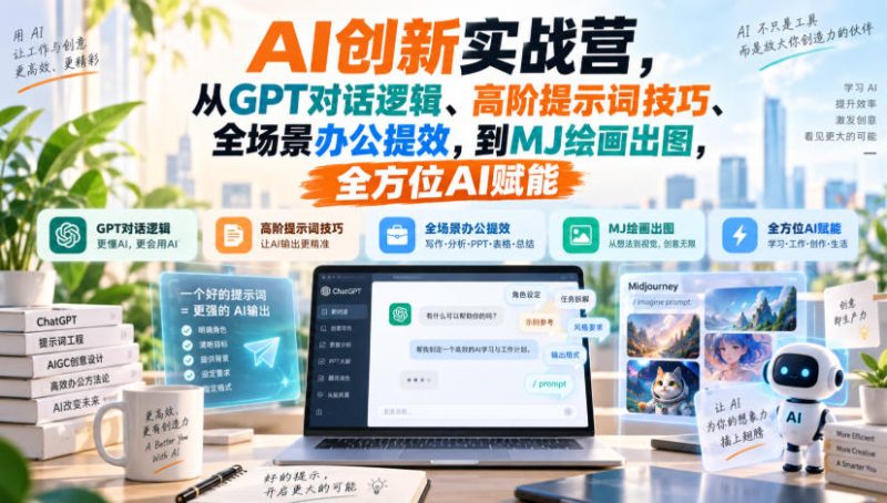 AI创新实战营，从GPT对话逻辑、高阶提示词技巧、全场景办公提效，到MJ绘画出图，全方位AI赋能-优优云网创