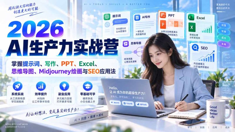 2026AI生产力实战营：掌握提示词、写作、PPT、Excel、思维导图、Midjourney绘画与SEO应用法-优优云网创