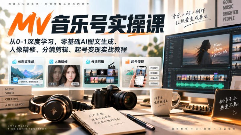 AI MV音乐号实操课,从0-1深度学习,零基础AI图文生成、人像精修、分镜剪辑、起号变现实战教程-优优云网创