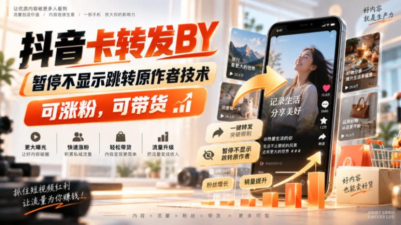 抖音卡转发搬运,暂停不显示跳转原作者技术,可涨粉,可带货-优优云网创