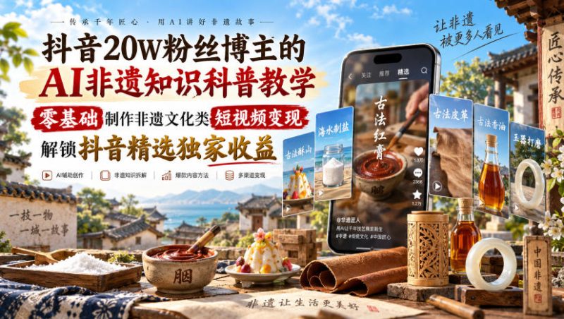 抖音20W粉丝博主的AI非遗知识科普教学，零基础制作非遗文化类短视频变现，解锁抖音精选独家收益-优优云网创