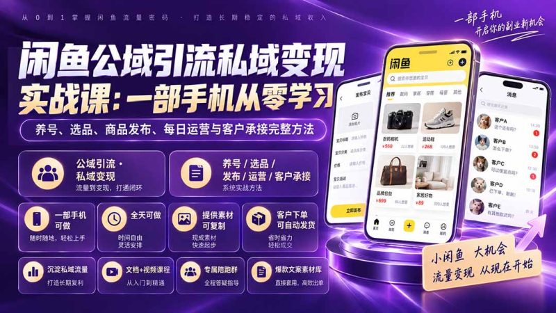 闲鱼公域引流私域变现实战课：一部手机从零学习养号、选品、商品发布、每日运营与客户承接完整方法-优优云网创