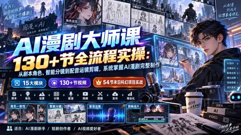 AI漫剧大师课130+节全流程实操:从剧本角色、智能分镜到配音运镜剪辑,系统掌握AI漫剧完整制作-优优云网创