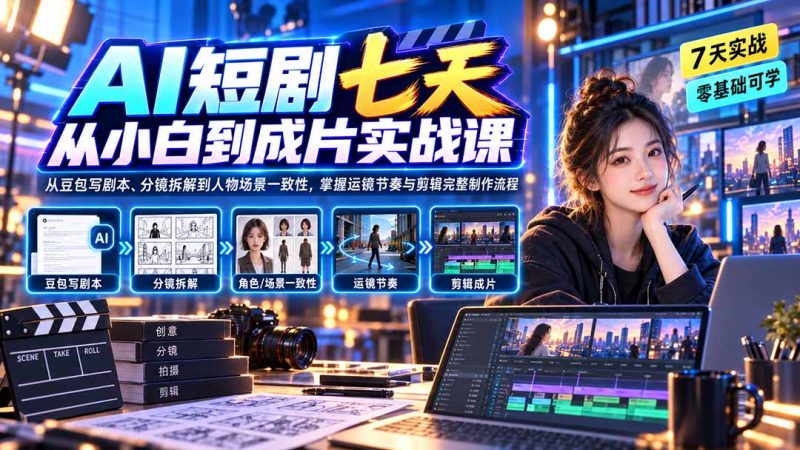 AI短剧七天从小白到成片实战课：从豆包写剧本、分镜拆解到人物场景一致性，掌握运镜节奏与剪辑完整制作流程-优优云网创