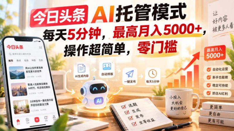 今日头条AI托管模式，每天5分钟，最高月入5000+，操作超简单，零门槛【揭秘】-优优云网创