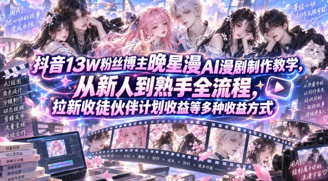抖音13W粉丝博主晚星漫AI漫剧制作教学，从新人到熟手全流程，拉新收徒伙伴计划收益等多种收益方式，单日1K+-优优云网创