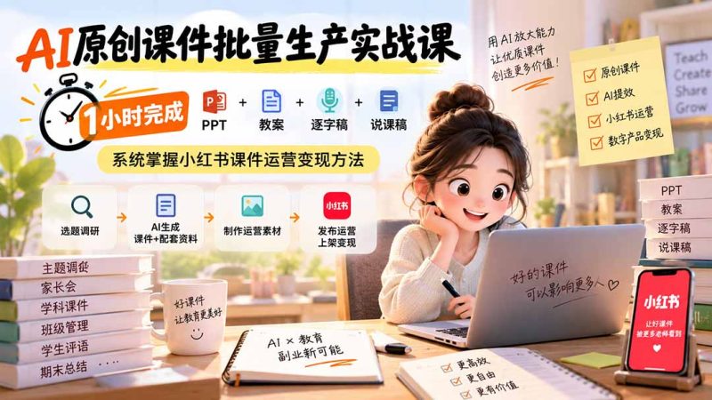 AI原创课件批量生产实战课:1小时完成PPT+教案+逐字稿+说课稿,系统掌握小红书课件运营变现方法-优优云网创