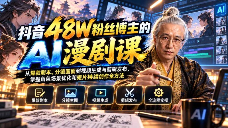 抖音48W粉丝博主的AI漫剧课:从爆款剧本、分镜画面到视频生成与剪辑发布,掌握角色场景优化和短片持续创作全方法-优优云网创
