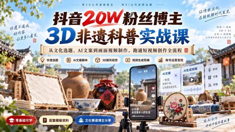抖音20W粉丝博主3D非遗科普实战课:从文化选题、AI文案到画面视频制作,跑通短视频创作全流程-优优云网创