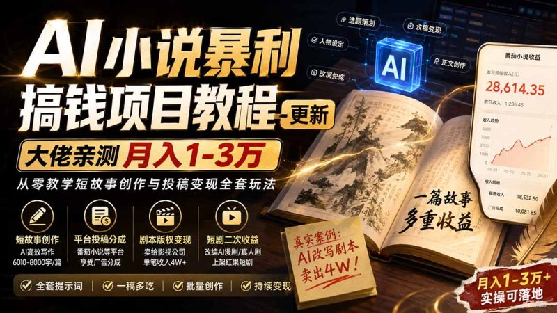 AI小说短故事暴利搞钱项目教程-更新,大佬亲测月入1-3万,从零教学短故事创作与投稿变现全套玩法-优优云网创