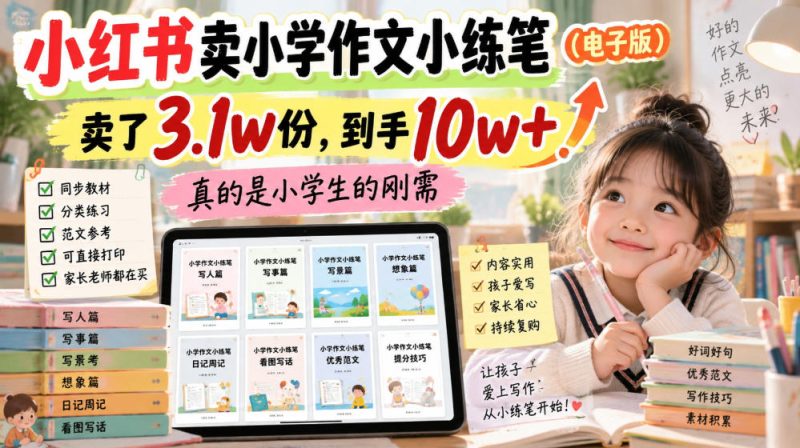 小红书卖小学作文小练笔(电子版),卖了3.1w份,到手10w+,真的是小学生的刚需-优优云网创
