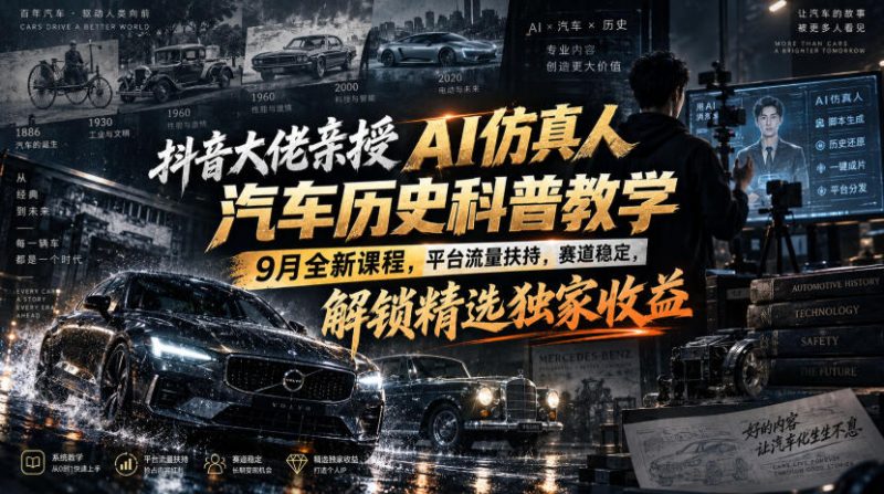 抖音大佬亲授AI仿真人汽车历史科普教学，9月全新课程，平台流量扶持，赛道稳定，解锁精选独家收益-优优云网创