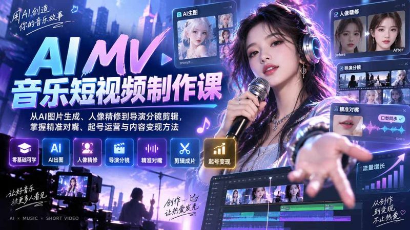AI MV音乐短视频制作课:从AI图片生成、人像精修到导演分镜剪辑,掌握精准对嘴、起号运营与内容变现方法-优优云网创