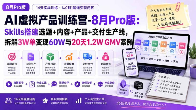 AI虚拟产品训练营PRO版-更新0910:Skills搭建选题+内容+产品+交付生产线,拆解3W单变现60W与20天1.2W GMV案例-优优云网创