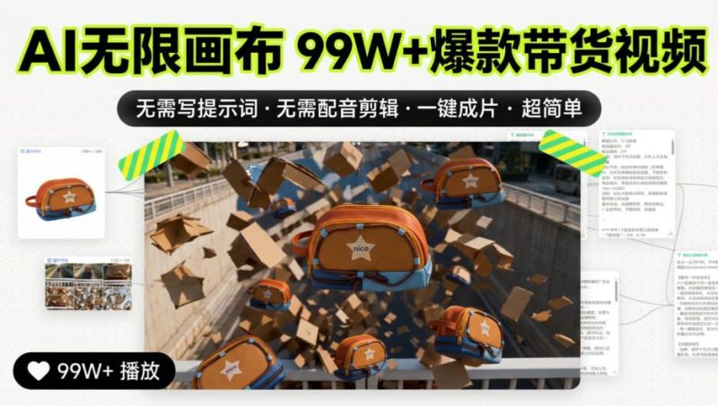 AI无限画布99W+爆款带货视频,无需写提示词·无需配音剪辑·一键成片·超简单-优优云网创