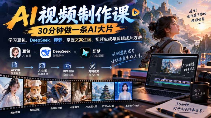 AI视频制作课-30分钟做一条AI大片:学习豆包、DeepSeek、即梦,掌握文案生图、视频生成与剪辑成片方法-优优云网创
