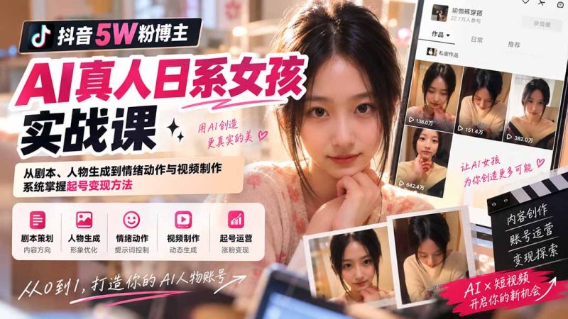 抖音5W粉博主AI真人日系女孩实战课:从剧本、人物生成到情绪动作与视频制作,系统掌握起号变现方法-优优云网创