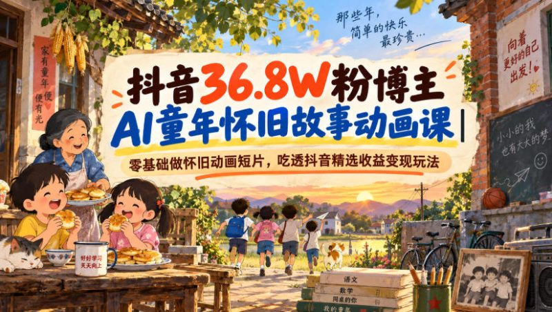 抖音36.8W粉博主AI童年怀旧故事动画课|零基础做怀旧动画短片,吃透抖音精选收益变现玩法-优优云网创