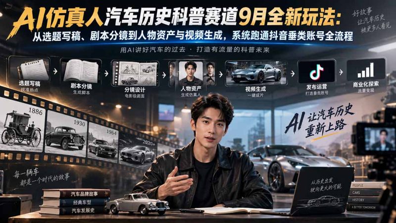 AI仿真人汽车历史科普赛道9月全新玩法:从选题写稿、剧本分镜到人物资产与视频生成,系统跑通抖音垂类账号全流程-优优云网创