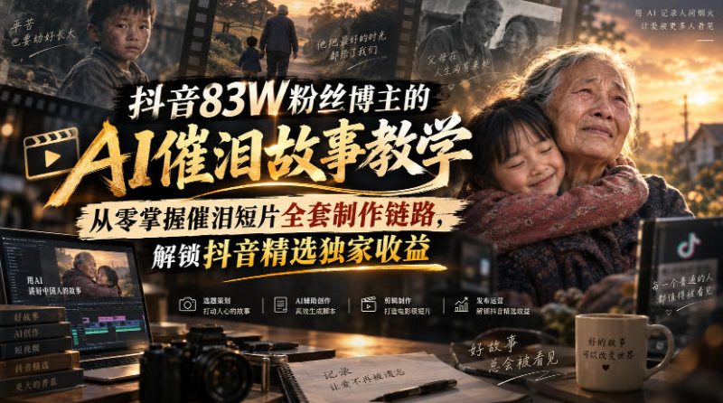 抖音83W粉丝博主的AI催泪故事教学,从零掌握催泪短片全套制作链路,解锁抖音精选独家收益-优优云网创