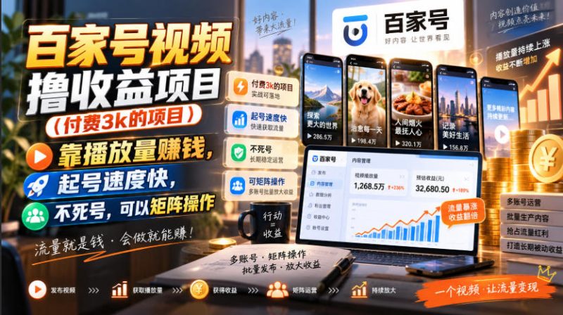 百家号视频撸收益项目(付费3k的项目),靠播放量賺钱,起号速度快,不死号,可以矩阵操作-优优云网创
