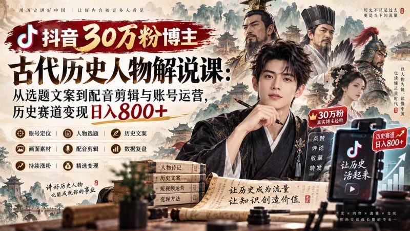 抖音30万粉博主古代历史人物解说课:从选题文案到配音剪辑与账号运营,历史赛道变现日入800+-优优云网创