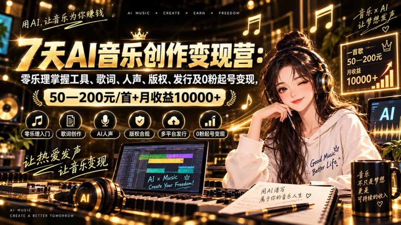 AI音乐创作变现营:零乐理掌握工具、歌词、人声、版权、发行及0粉起号变现,50—200元/首+月收益10000+-优优云网创