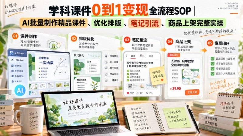 学科课件0到1变现全流程SOP|AI批量制作精品课件、优化排版、笔记引流、商品上架完整实操-优优云网创