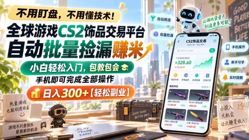 全球游戏CS2饰品交易平台自动批量捡漏赚米，小白轻松入门，包教包会，手机即可完成全部操作，日入300+【轻松副业】-优优云网创