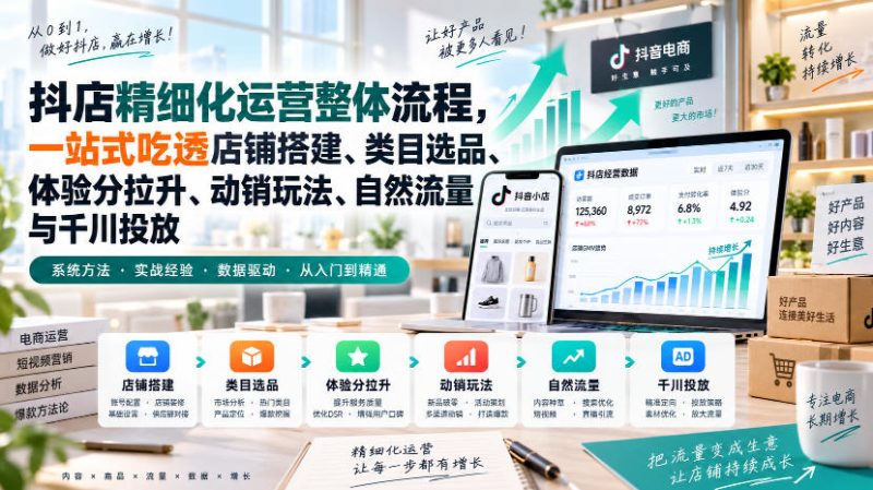 李哥电商-抖店精细化运营整体流程，一站式吃透店铺搭建、类目选品、体验分拉升、动销玩法、自然流量与千川投放-优优云网创
