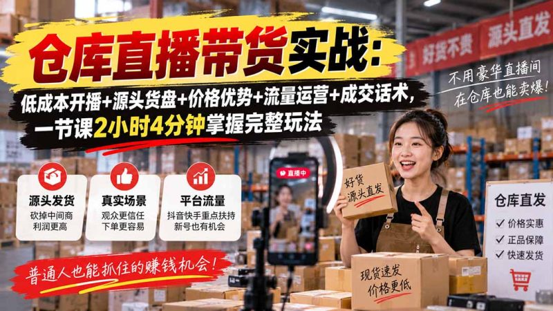 仓库直播带货实战:低成本开播+源头货盘+价格优势+流量运营+成交话术,一节课2小时4分钟掌握完整玩法-优优云网创