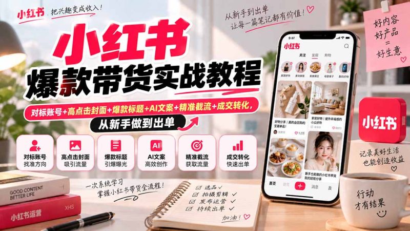 小红书爆款带货实战教程|对标账号+高点击封面+爆款标题+AI文案+精准截流+成交转化,从新手做到出单-优优云网创