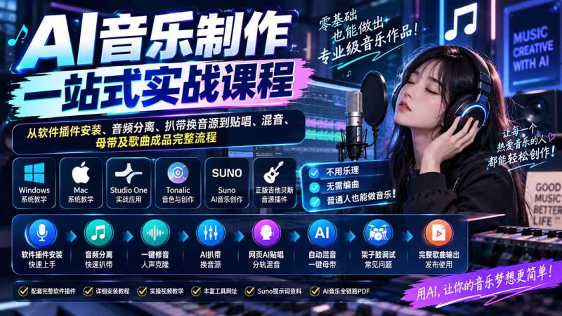 AI音乐制作一站式实战课程:从软件插件安装、音频分离、扒带换音源到贴唱、混音、母带及歌曲成品完整流程-优优云网创