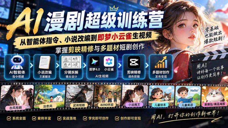 AI漫剧超级特训营:从智能体指令、小说改编到即梦小云雀生视频,掌握剪映精修与多题材短剧创作-优优云网创
