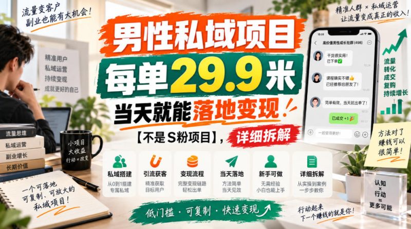 男性私域项目,每单29.9米,当天就能落地变现【不是S粉项目】,详细拆解-优优云网创