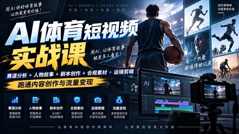 AI体育短视频赛道顶级玩法｜赛道分析+人物故事+剧本创作+版权处理+运镜剪辑，跑通流量变现-日赚1K+-优优云网创