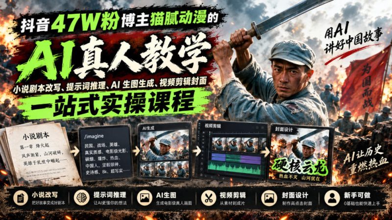 抖音47W粉博主猫腻动漫的AI真人漫剧教学,小说剧本改写、提示词推理、AI生图生成、视频剪辑封面一站式实操课程-优优云网创