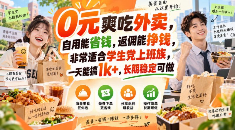 0元爽吃外卖,自用能省钱,返佣能挣钱,非常适合学生党上班族,一天能搞1k+,长期稳定可做-优优云网创