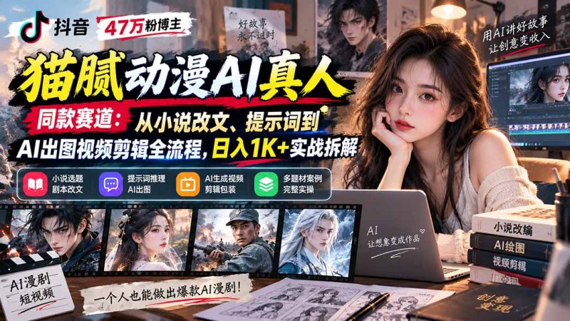 抖音47万粉博主猫腻动漫AI真人同款赛道:从小说改文、提示词到AI出图视频剪辑全流程,日入1K+实战拆解-优优云网创