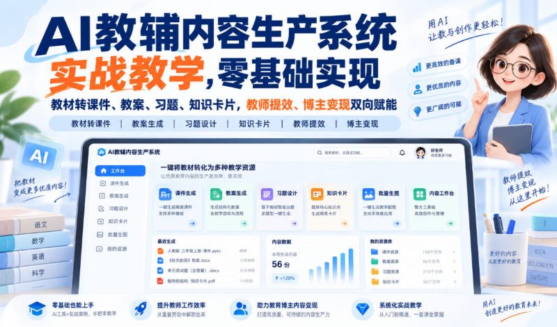AI教辅内容生产系统实战教学,零基础实现教材转课件、教案、习题、知识卡片,教师提效、博主变现双向赋能-优优云网创