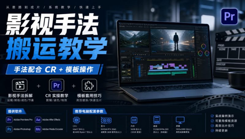 影视手法搬运教学，手法配合CR+模板操作，需要电脑，提供软件+配置参数-优优云网创